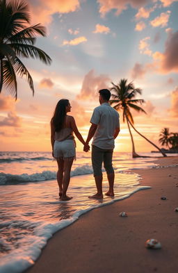 A beautiful and serene landscape at sunset featuring a couple standing hand-in-hand on a picturesque beach