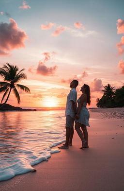 A beautiful and serene landscape at sunset featuring a couple standing hand-in-hand on a picturesque beach