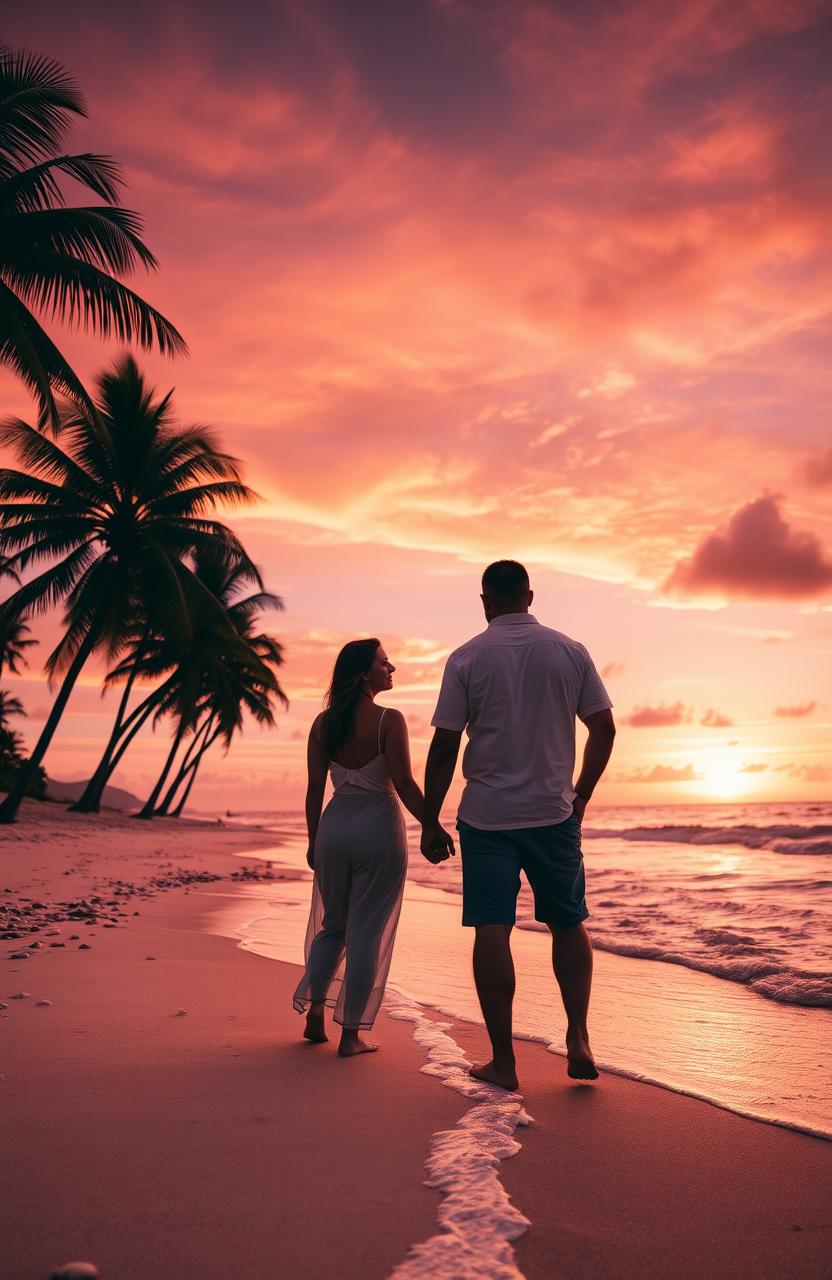 A beautiful and serene landscape at sunset featuring a couple standing hand-in-hand on a picturesque beach