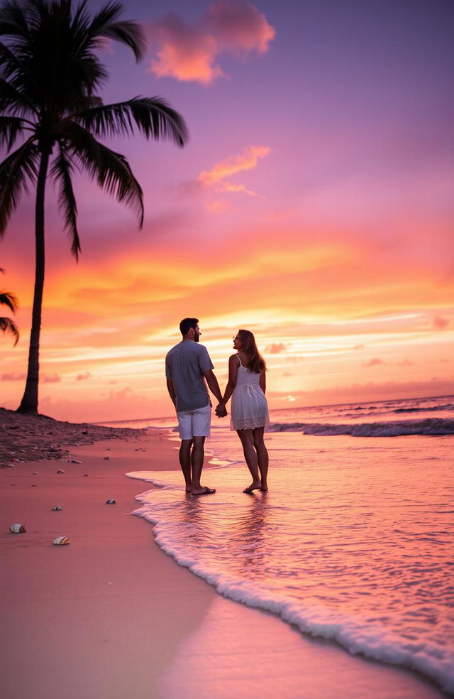 A beautiful and serene landscape at sunset featuring a couple standing hand-in-hand on a picturesque beach