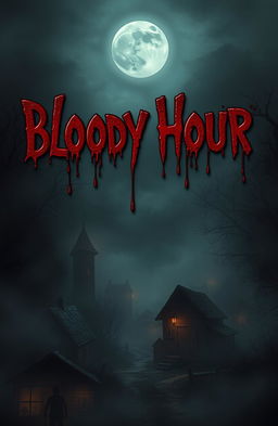 A dark and eerie haunted village shrouded in mist, featuring dilapidated houses with cracked windows and overgrown vegetation