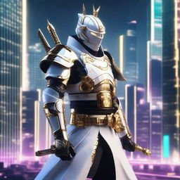 Generate an image of a regal Cyberpunk Samurai, outfitted in gleaming white armor with gold accents