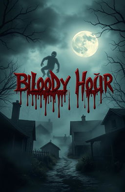 A dark and eerie haunted village shrouded in mist, featuring dilapidated houses with cracked windows and overgrown vegetation