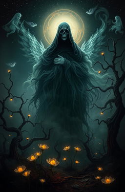 A surreal artwork depicting the concept of 'Death' personified with an eerie, yet strangely beautiful appearance
