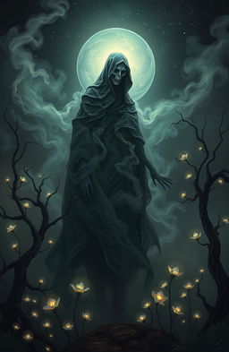 A surreal artwork depicting the concept of 'Death' personified with an eerie, yet strangely beautiful appearance