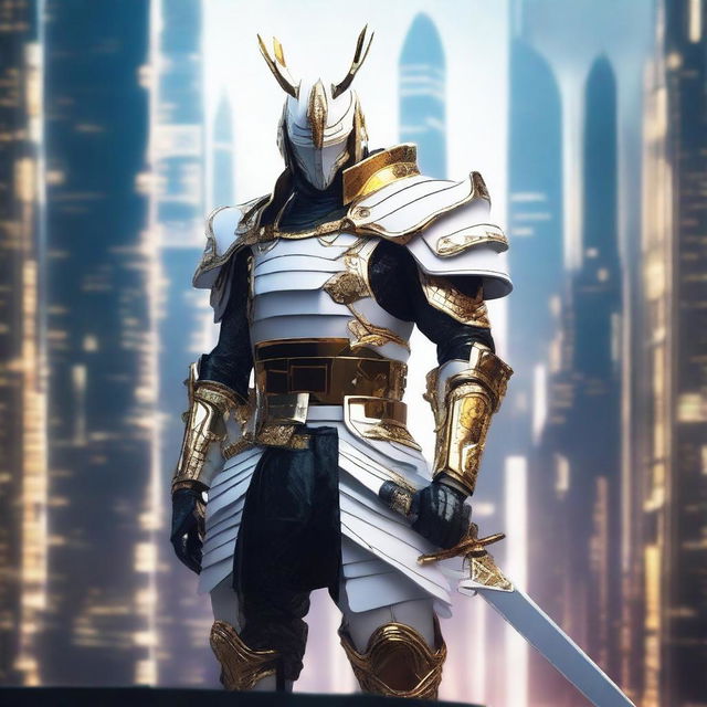 Generate an image of a regal Cyberpunk Samurai, outfitted in gleaming white armor with gold accents