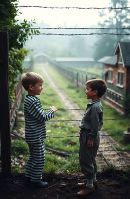 A poignant scene depicting the friendship between two boys across a fence, one boy wearing the iconic striped pajamas and the other in a simple outfit, set against the backdrop of a WWII-era concentration camp