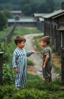 A poignant scene depicting the friendship between two boys across a fence, one boy wearing the iconic striped pajamas and the other in a simple outfit, set against the backdrop of a WWII-era concentration camp
