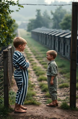 A poignant scene depicting the friendship between two boys across a fence, one boy wearing the iconic striped pajamas and the other in a simple outfit, set against the backdrop of a WWII-era concentration camp