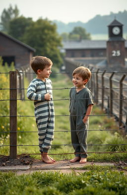 A poignant scene depicting the friendship between two boys across a fence, one boy wearing the iconic striped pajamas and the other in a simple outfit, set against the backdrop of a WWII-era concentration camp