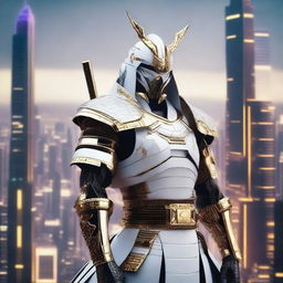 Generate an image of a regal Cyberpunk Samurai, outfitted in gleaming white armor with gold accents