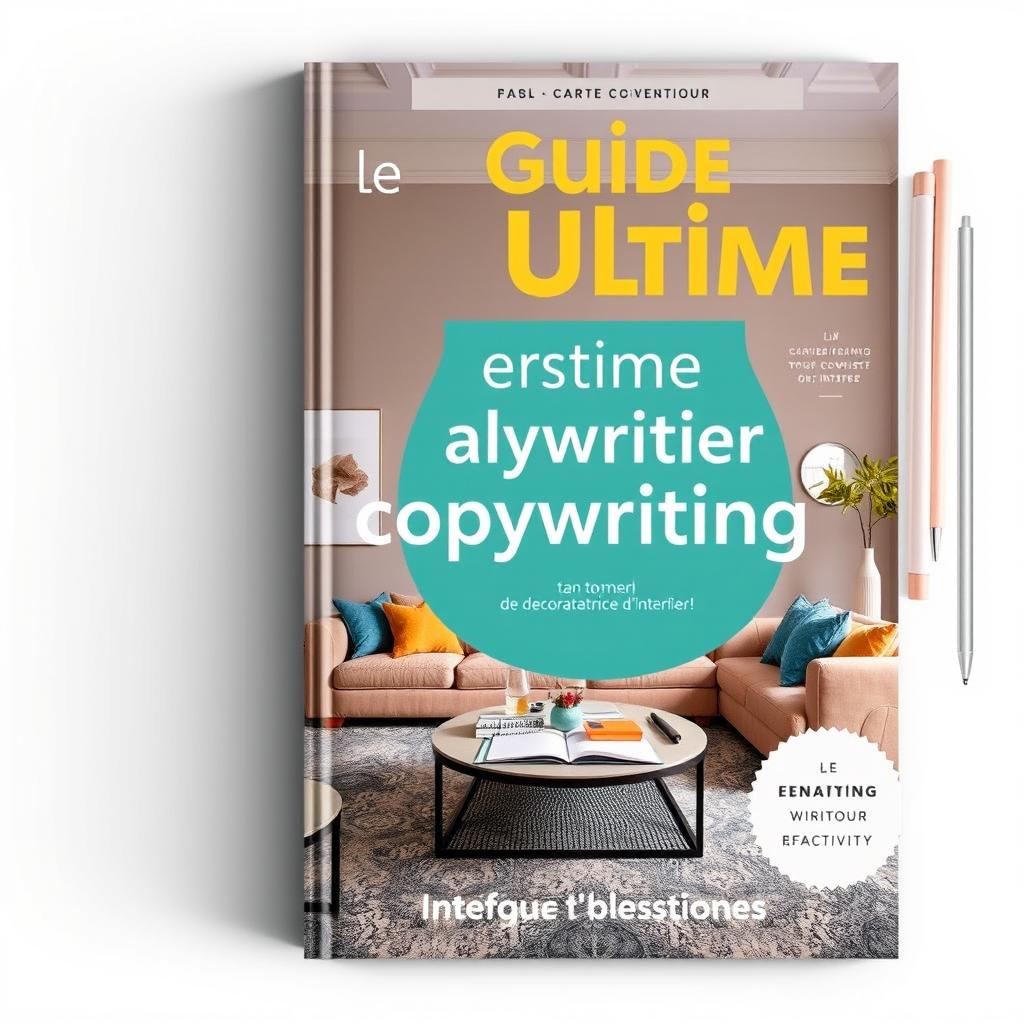 An ebook cover design featuring the title 'Le Guide Ultime pour booster ton copywriting dans ton métier de décorateur(trice) d’intérieur!'