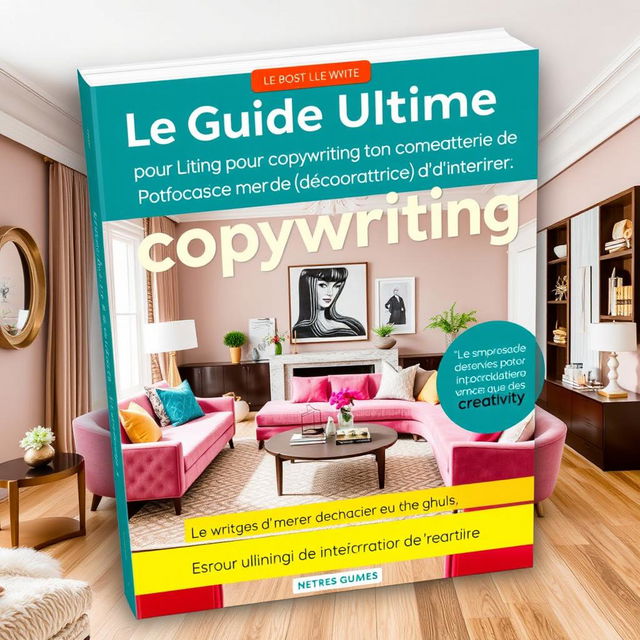 An ebook cover design featuring the title 'Le Guide Ultime pour booster ton copywriting dans ton métier de décorateur(trice) d’intérieur!'