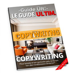 An ebook cover design featuring the title 'Le Guide Ultime pour booster ton copywriting dans ton métier de décorateur(trice) d’intérieur!'
