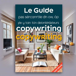 An ebook cover design featuring the title 'Le Guide Ultime pour booster ton copywriting dans ton métier de décorateur(trice) d’intérieur!'