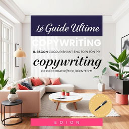 An ebook cover design featuring the title 'Le Guide Ultime pour booster ton copywriting dans ton métier de décorateur(trice) d’intérieur!'