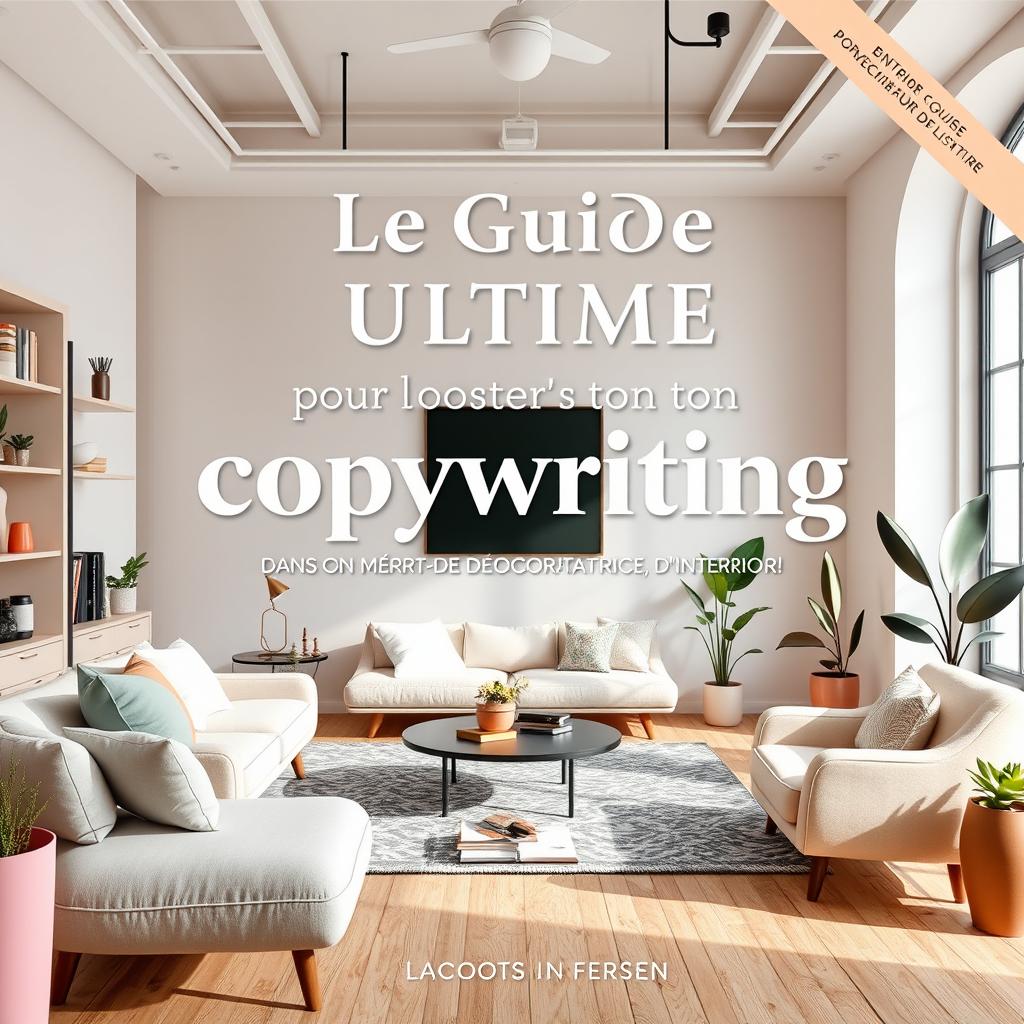 An ebook cover design featuring the title 'Le Guide Ultime pour booster ton copywriting dans ton métier de décorateur(trice) d’intérieur!'