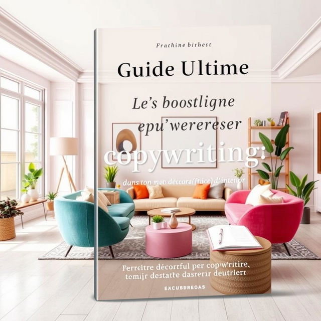 An ebook cover design featuring the title 'Le Guide Ultime pour booster ton copywriting dans ton métier de décorateur(trice) d’intérieur!'