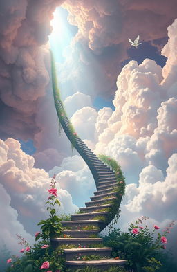 A surreal and visually striking depiction of a staircase leading up into the clouds, inspired by the themes of Mario Mendoza's works