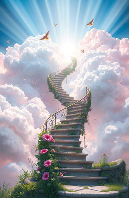 A surreal and visually striking depiction of a staircase leading up into the clouds, inspired by the themes of Mario Mendoza's works