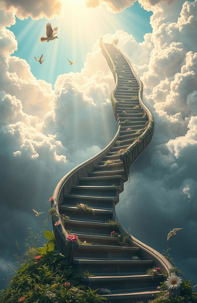 A surreal and visually striking depiction of a staircase leading up into the clouds, inspired by the themes of Mario Mendoza's works