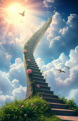 A surreal and visually striking depiction of a staircase leading up into the clouds, inspired by the themes of Mario Mendoza's works