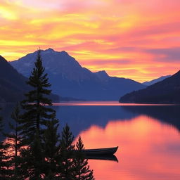 A stunning sunset over a tranquil lake surrounded by majestic mountains