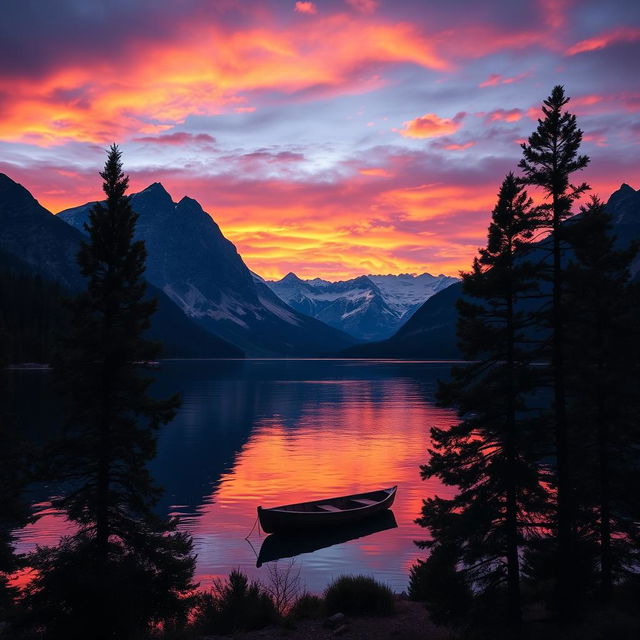 A stunning sunset over a tranquil lake surrounded by majestic mountains