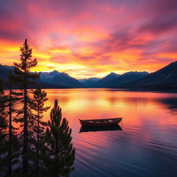 A stunning sunset over a tranquil lake surrounded by majestic mountains