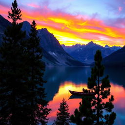 A stunning sunset over a tranquil lake surrounded by majestic mountains