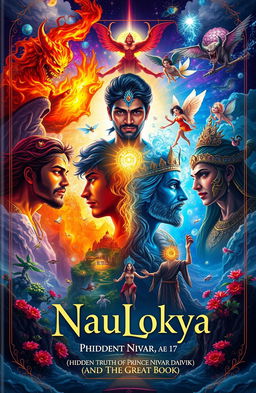 An enchanting book cover design for 'NauLokya' featuring vibrant and rich illustrations