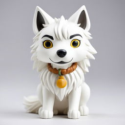 A detailed Studio Ghibli-themed Funko Pop vinyl figure of a white wolf against a white background in an editorial photograph style