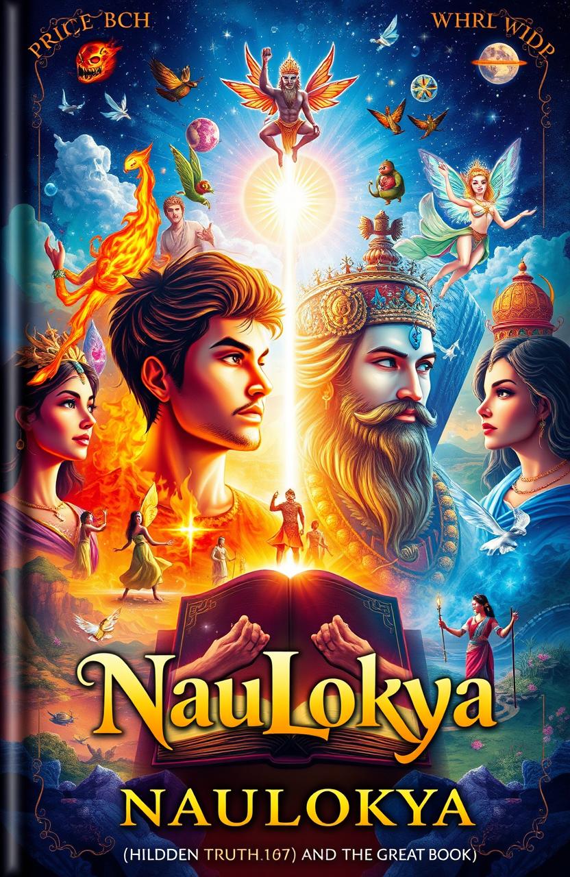 An enchanting book cover design for 'NauLokya' featuring vibrant and rich illustrations