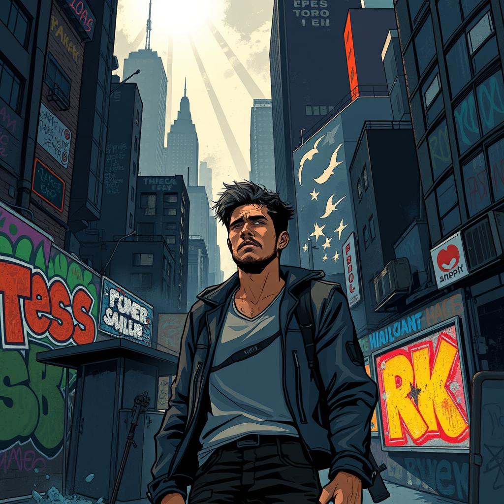 A compelling narrative illustration of a man standing in the midst of a chaotic urban environment, surrounded by vibrant graffiti and the hustle of city life