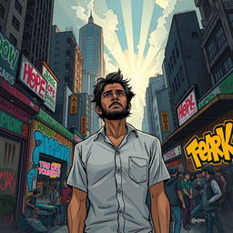 A compelling narrative illustration of a man standing in the midst of a chaotic urban environment, surrounded by vibrant graffiti and the hustle of city life
