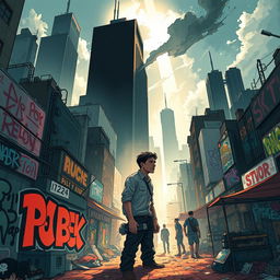 A compelling narrative illustration of a man standing in the midst of a chaotic urban environment, surrounded by vibrant graffiti and the hustle of city life