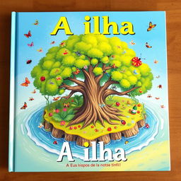 A colorful children's book cover titled 'A Ilha', featuring a large river island with a towering, majestic tree in the center of a vibrant forest