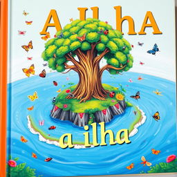 A colorful children's book cover titled 'A Ilha', featuring a large river island with a towering, majestic tree in the center of a vibrant forest