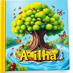 A colorful children's book cover titled 'A Ilha', featuring a large river island with a towering, majestic tree in the center of a vibrant forest