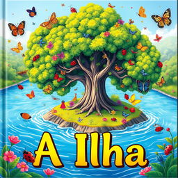 A colorful children's book cover titled 'A Ilha', featuring a large river island with a towering, majestic tree in the center of a vibrant forest