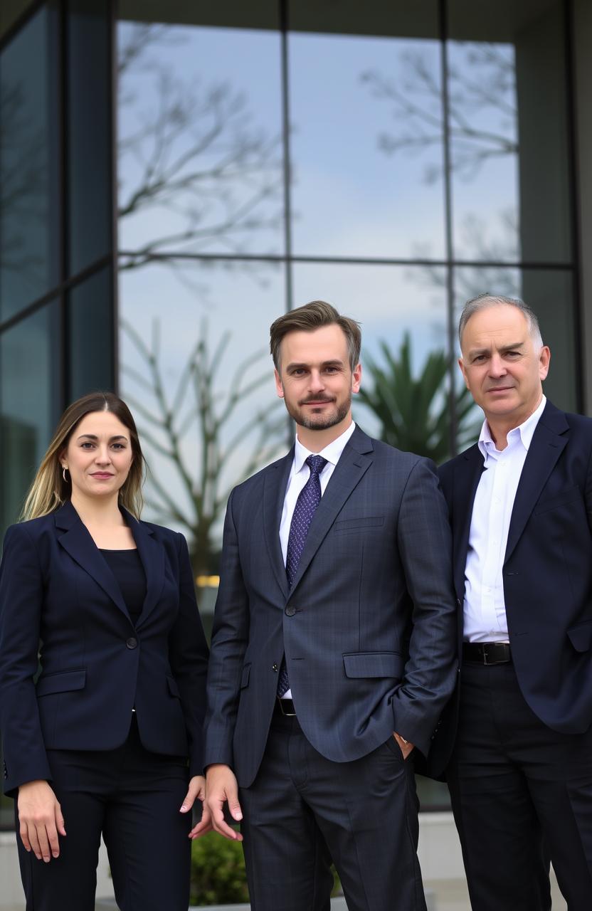 A group of three lawyers standing outside a modern office building, depicting a serious yet approachable demeanor