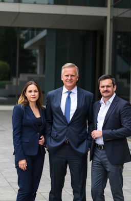A group of three lawyers standing outside a modern office building, depicting a serious yet approachable demeanor