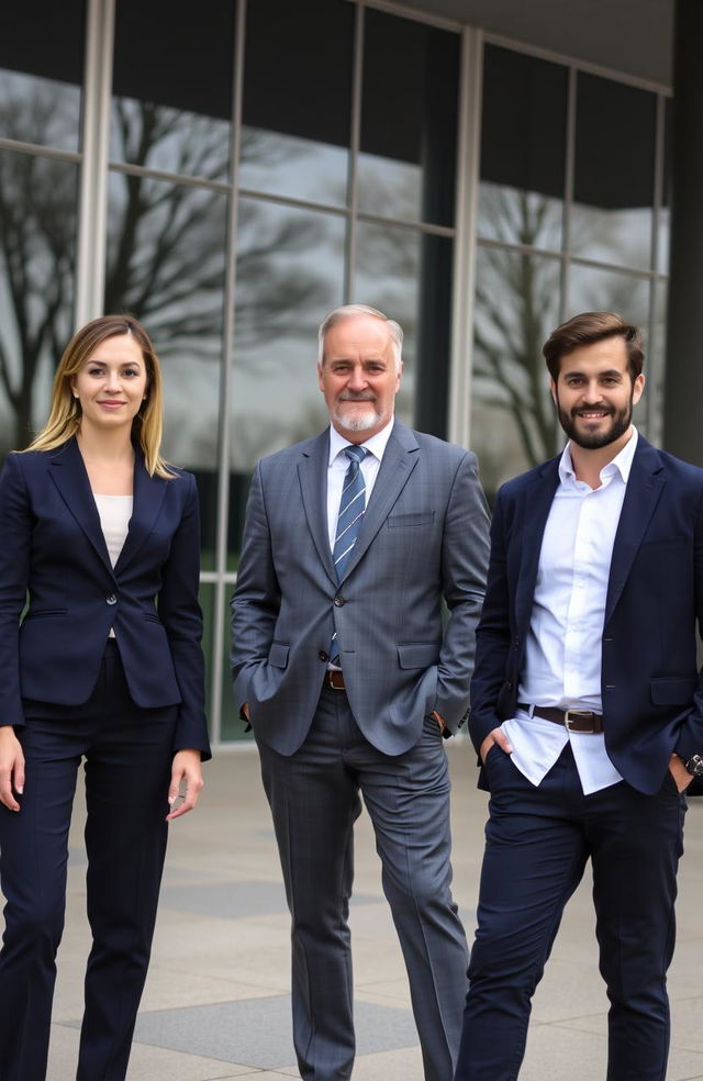 A group of three lawyers standing outside a modern office building, depicting a serious yet approachable demeanor