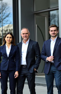 A group of three lawyers standing outside a modern office building, depicting a serious yet approachable demeanor