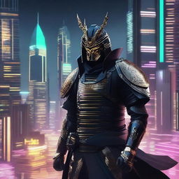 Generate an image of a royal Cyberpunk Samurai, garbed in sleek black armor with elegant gold detailings