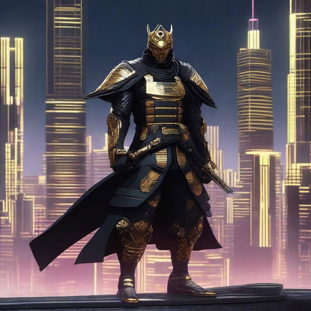 Generate an image of a royal Cyberpunk Samurai, garbed in sleek black armor with elegant gold detailings