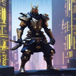 Generate an image of a royal Cyberpunk Samurai, garbed in sleek black armor with elegant gold detailings
