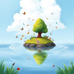 A children's book cover illustrating a whimsical scene of a small island in the middle of a gentle river