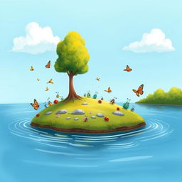 A children's book cover illustrating a whimsical scene of a small island in the middle of a gentle river