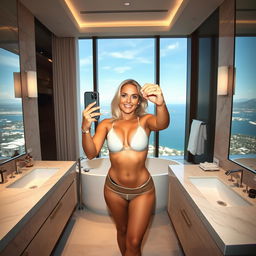 Scarlett in her 40s, a stunning woman with blonde hair and captivating blue eyes, confidently standing in a luxurious hotel bathroom